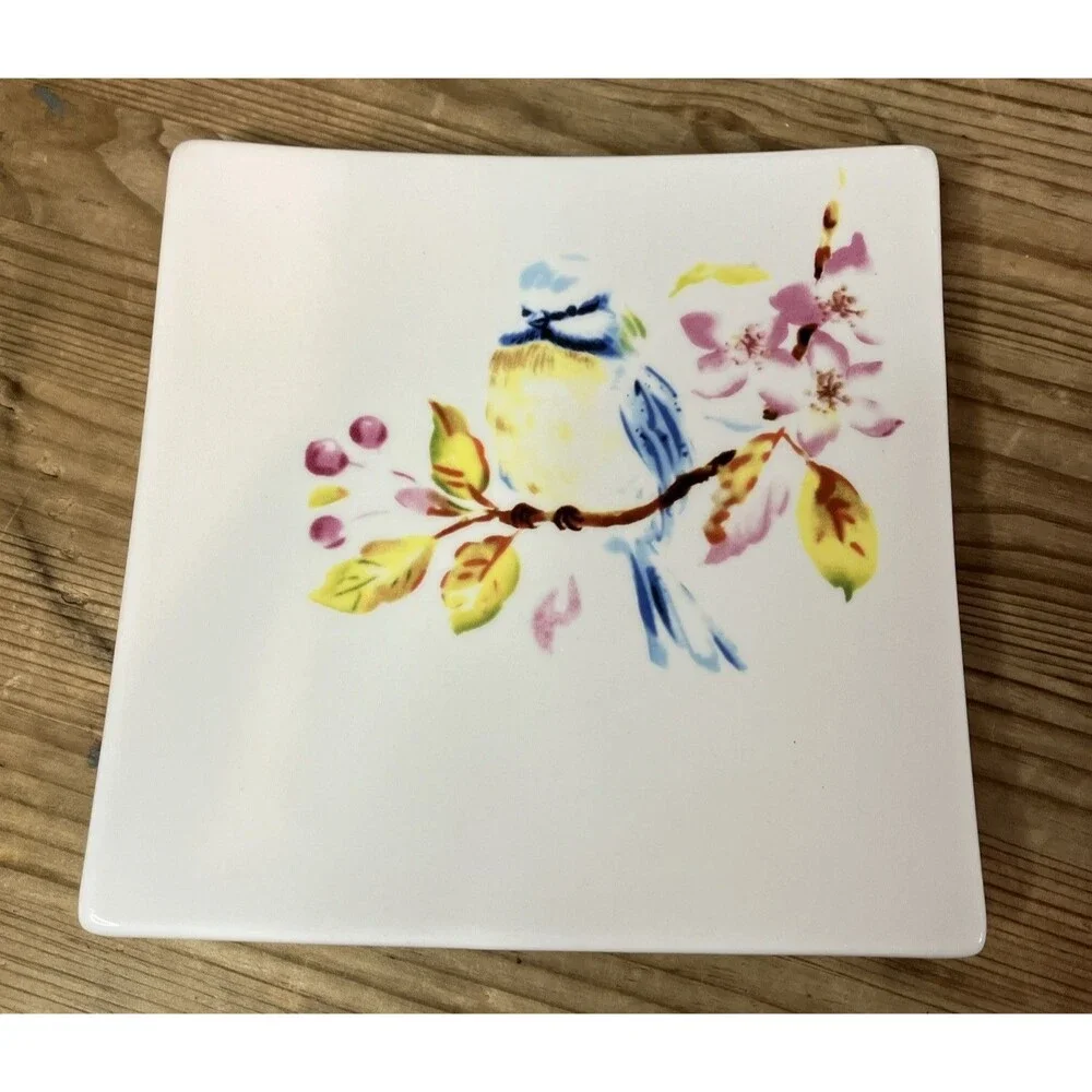 Pier 1 Bluebird Blue Jay Dolomite Dessert Plate/Trinket Dish 7” Square Discont.